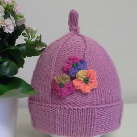 Baby Girl's Flower Wide Ribbed Hat  9-18 months size