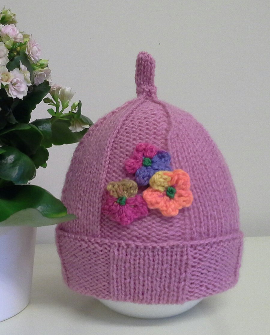 Baby Girl's Flower Wide Ribbed Hat  9-18 months size