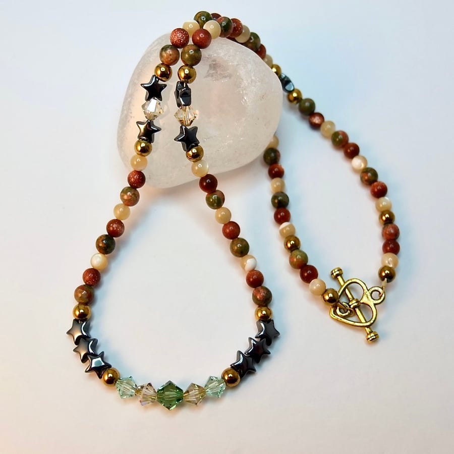Mixed Gemstone Necklace With Hematite Stars And Swarovski Crystals - Free UK P&P