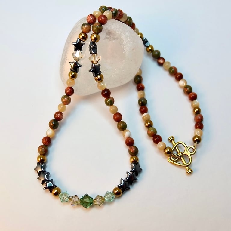 Mixed Gemstone Necklace With Hematite Stars And Swarovski Crystals - Free UK P&P