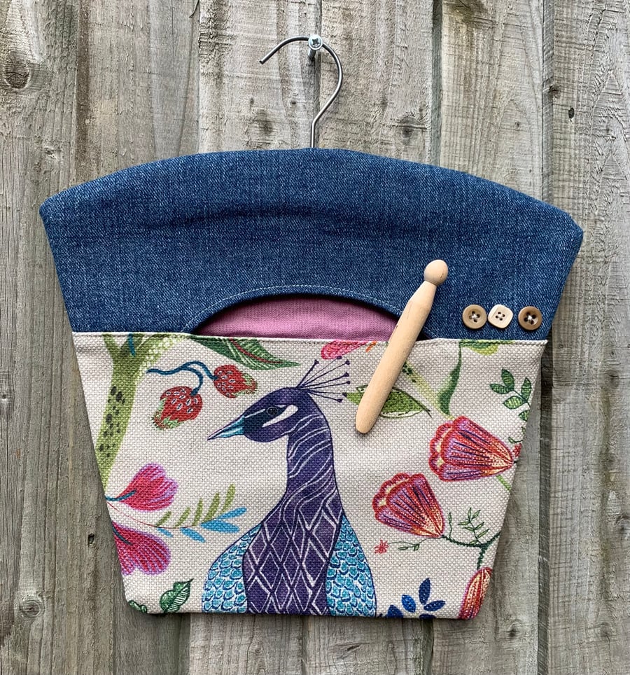 Peacock and denim peg bag