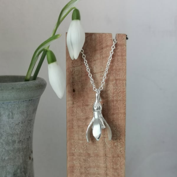 Silver Snowdrop Necklace, Winter Flower Pendant