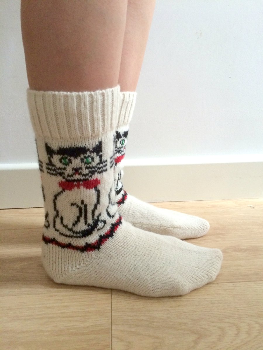 SALE! READY TO SHIP White Wool Socks Posh Cat Kitten Bowtie Funny Quirky