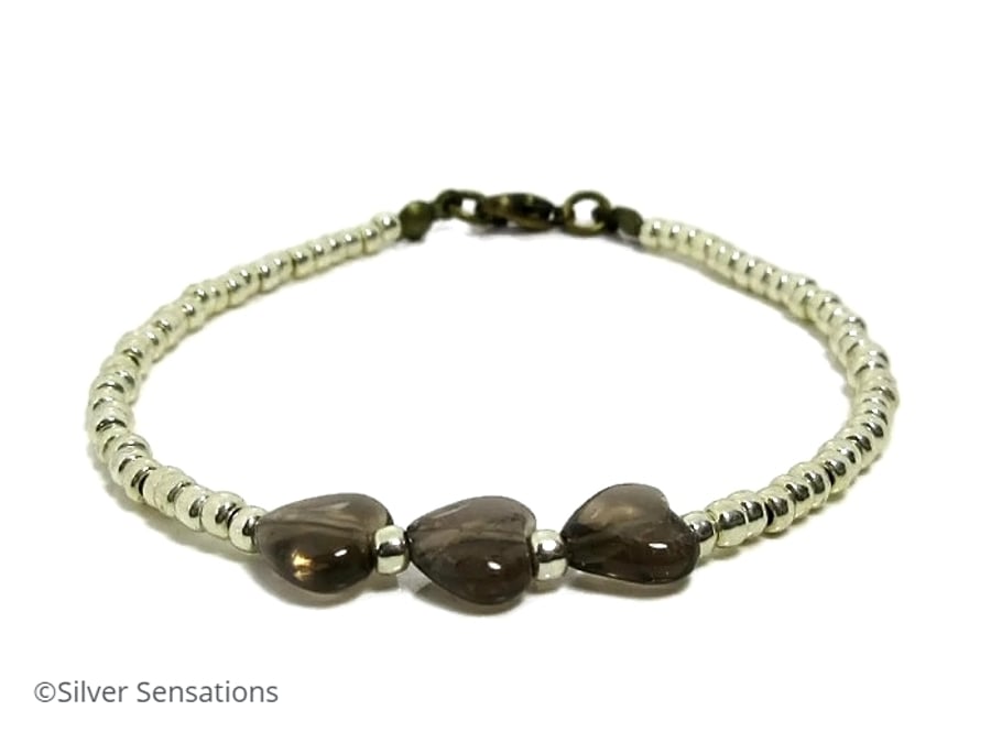 Smokey Quartz Heart Beads & Seed Beaded Friendship Bracelet - 6.5" - 8.5"