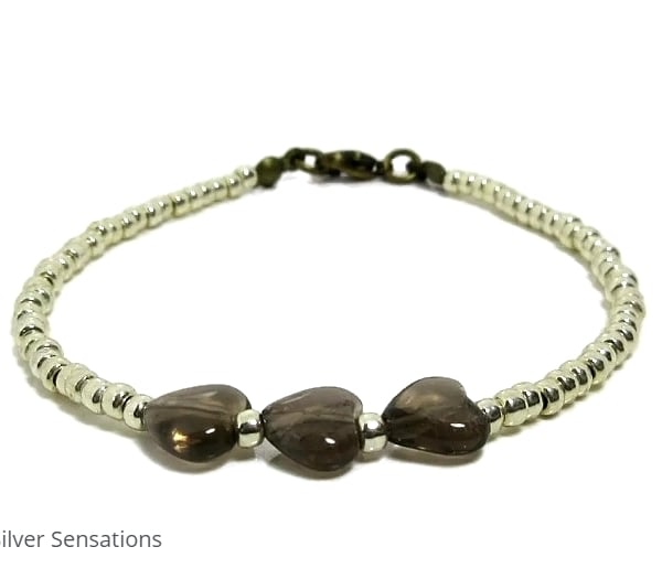 Smokey Quartz Heart Beads & Seed Beaded Friendship Bracelet - 6.5" - 8"