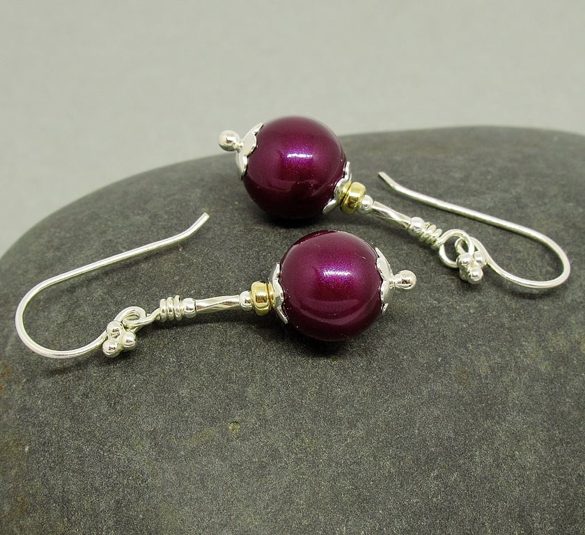 Burgundy Red Pearl Earrings - Sterling Silver