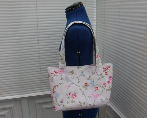 SMALL TOTE BAG WITH BIRDS , BUTTERFLIES AND TRAILING SUMMER FLOWERS