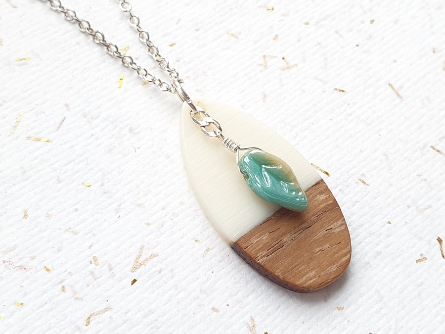 Wood and Resin Leaf Necklace, Cream