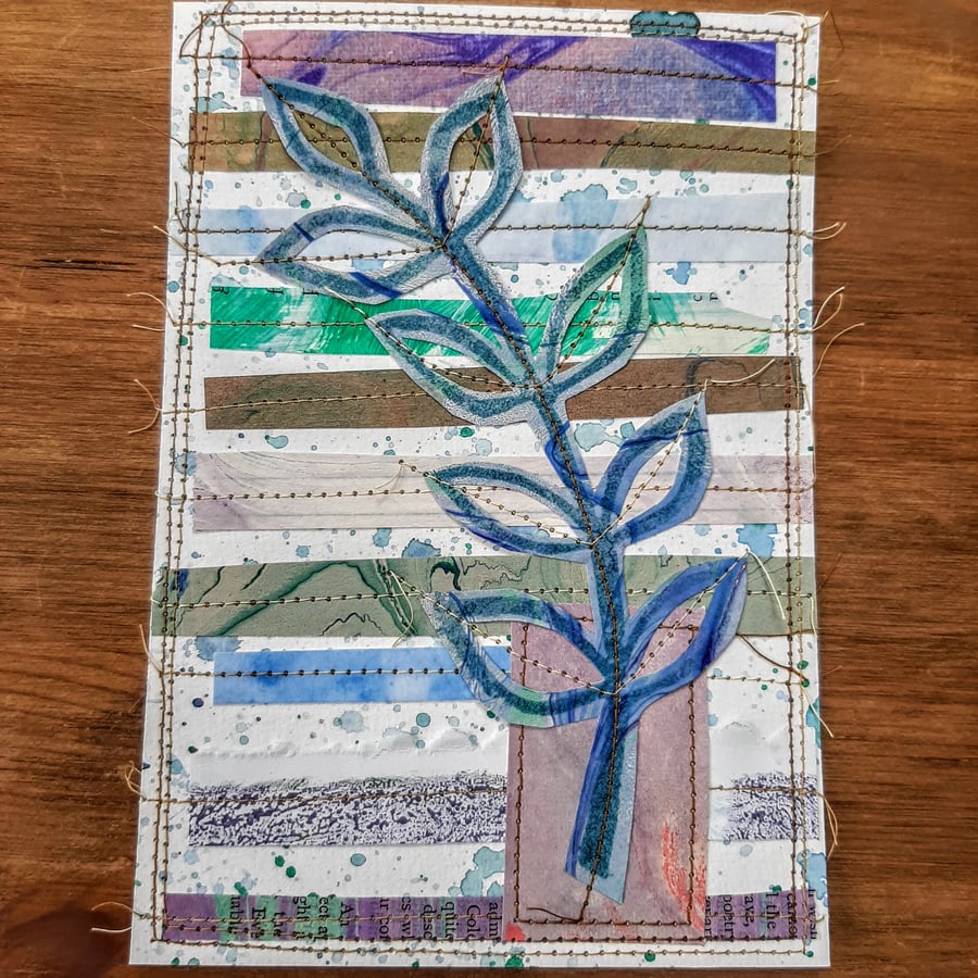 Leaf Collage - Mixed media sewn papers postcard