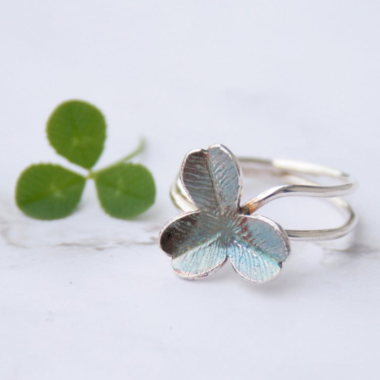 Handmade sterling silver clover ring, silver botanical ring, nature lover gift