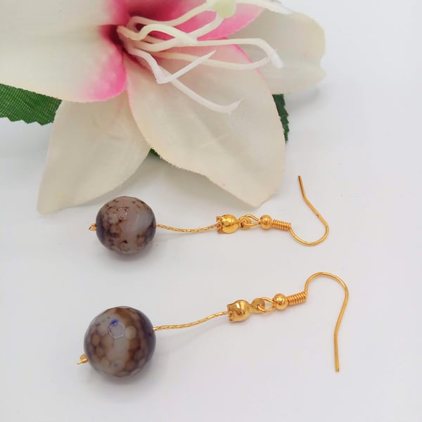 Purple Agate Faceted Bead and Gold Crimping Chain Earrings, Gift for Her
