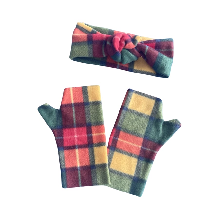 Gree tartan fingerless gloves and soft knotted ear warmer headband set for women