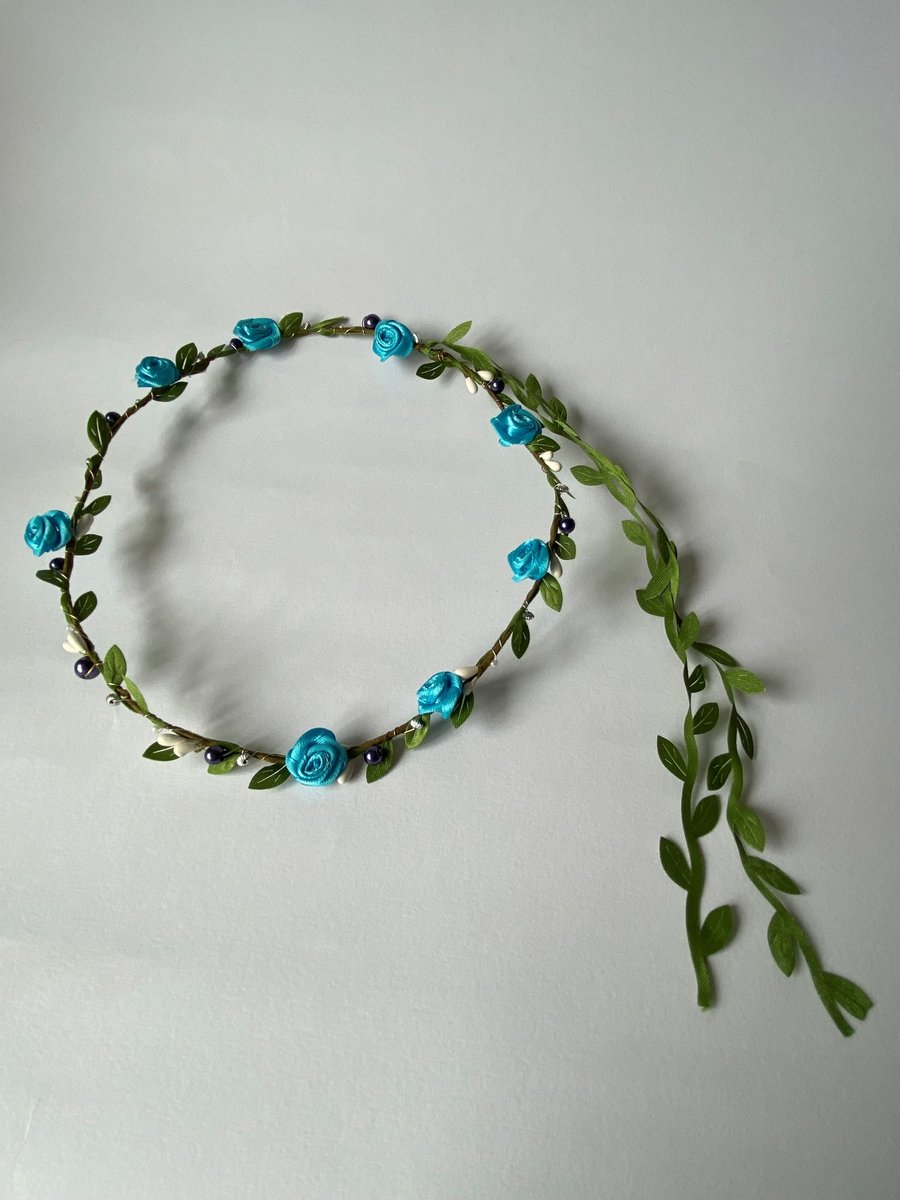Turquoise Fabric Flower Crown with silver beads - One size, Long Lasting!