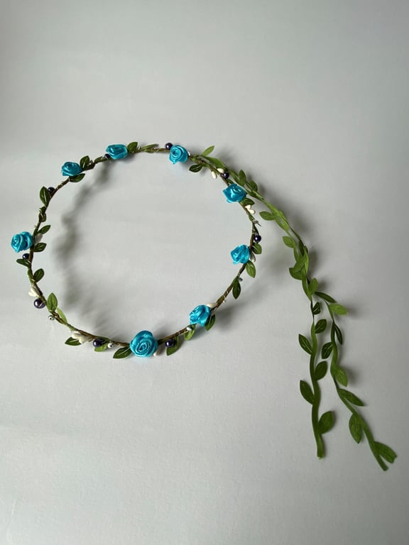 Turquoise Fabric Flower Crown with silver beads - One size, Long Lasting!