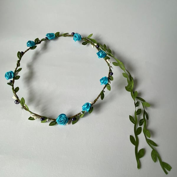 Turquoise Fabric Flower Crown with silver beads - One size, Long Lasting!