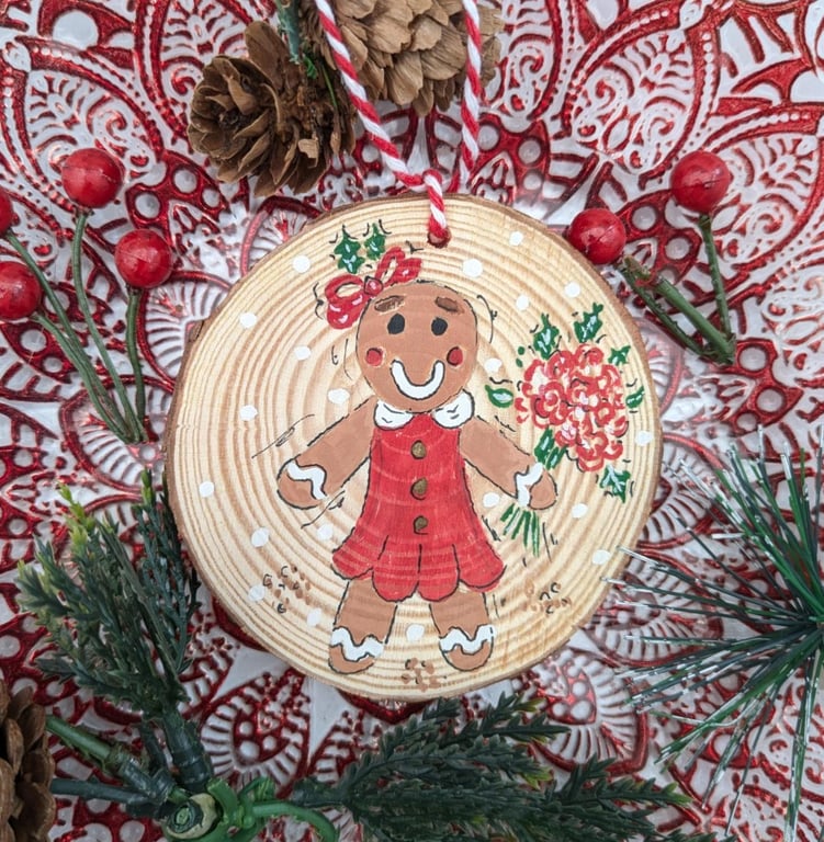 Gingerbread Lady hand-painted log slice Christmas decoration 