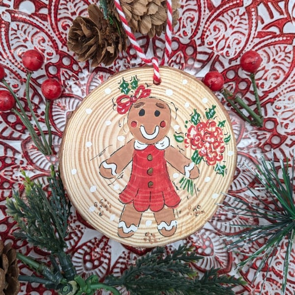 Gingerbread Lady hand-painted log slice Christmas decoration 