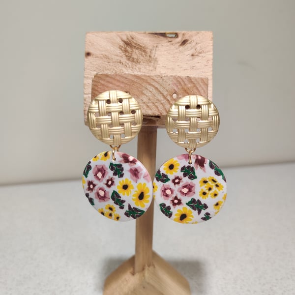 Sunflower floral circle dangle earrings 