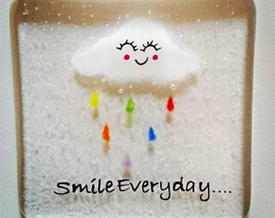 Smile Everyday Fused Glass Coaster, Rainbow Rain Cloud, Gift for a friend