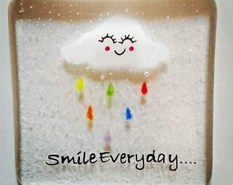Smile Everyday Fused Glass Coaster, Rainbow Rain Cloud, Gift for a friend
