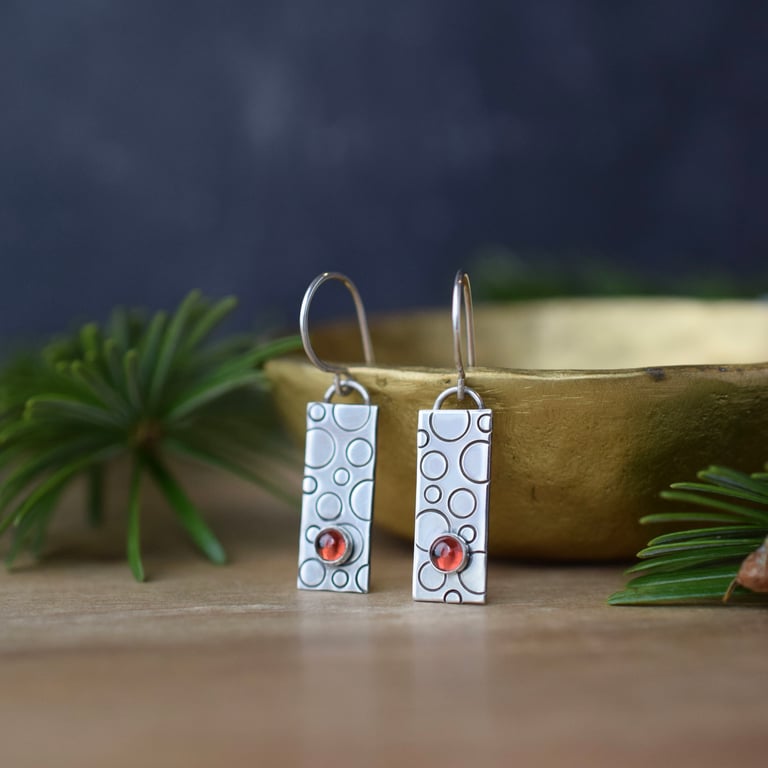 Garnet and Textured Silver Dangle Earrings