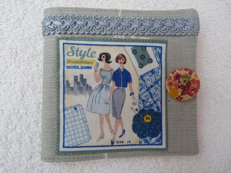Sewing Needle Case with Sewing Pattern Panel. Blue.