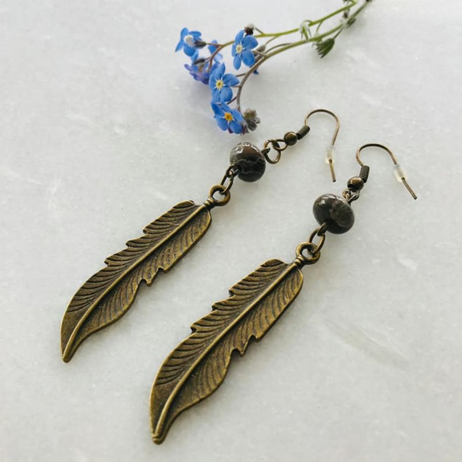 Boho Style Brass Feather Earrings