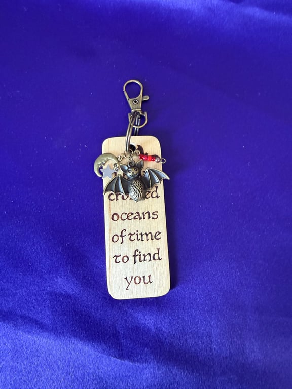 Gothic Wooden Bag Charm, Hand Burned Romantic Bat Keyring