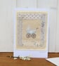 Little pram embroidered card to welcome a new baby, silk bow and mop button - Image 2