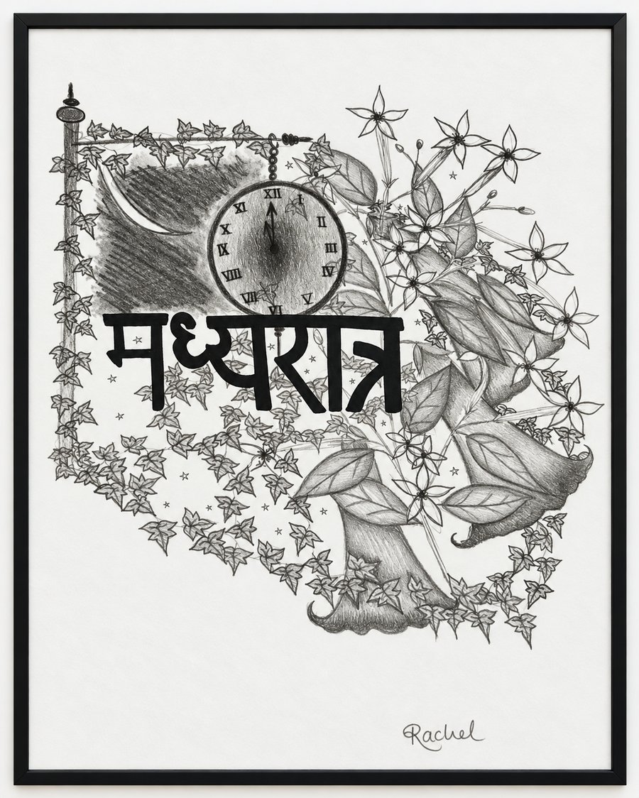 Midnight - Original Gothic Botanical Pencil Drawing - Celestial Witchy Wall Art