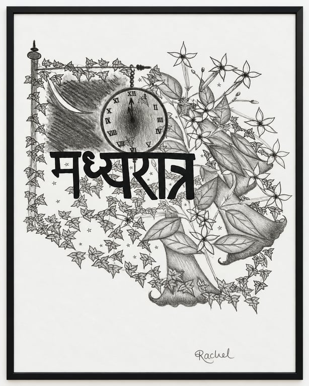 Midnight - Original Gothic Botanical Pencil Drawing - Celestial Witchy Wall Art