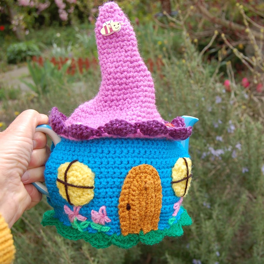 tea cosy, Crochet Fairy cottage colourful tea cosy for a medium teapot