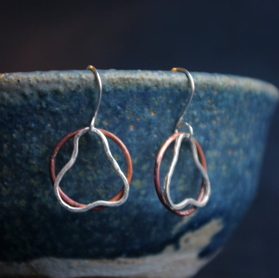 Silver  Pear and Copper Circle Dangle Earrings