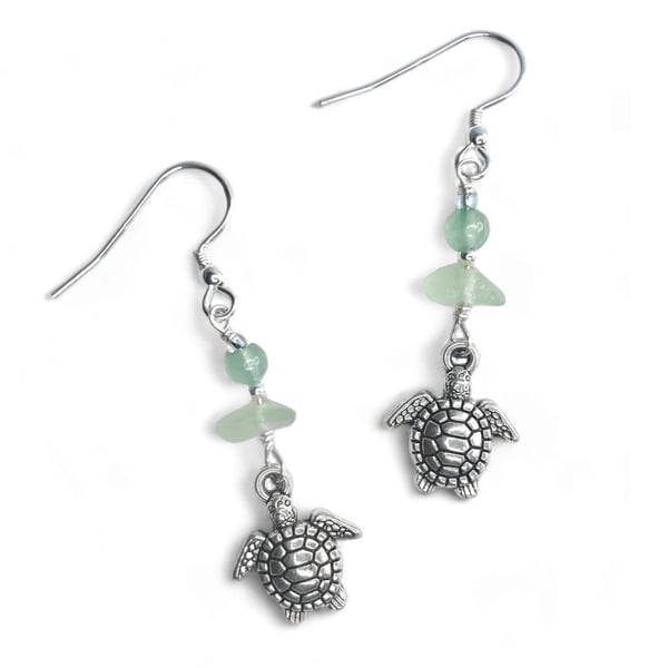 Turtle Earrings. Green Sea Glass & Aventurine Crystal Beads. Silver Jewellery
