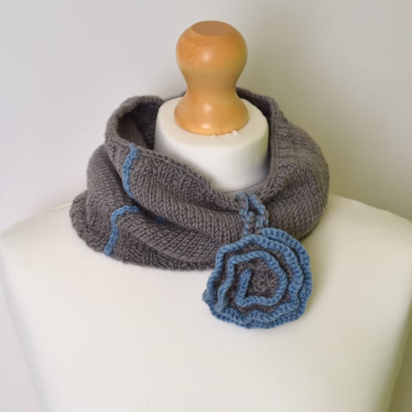 Hand Knitted Merino Wool Neck Warmer - Greige with Blue Flower