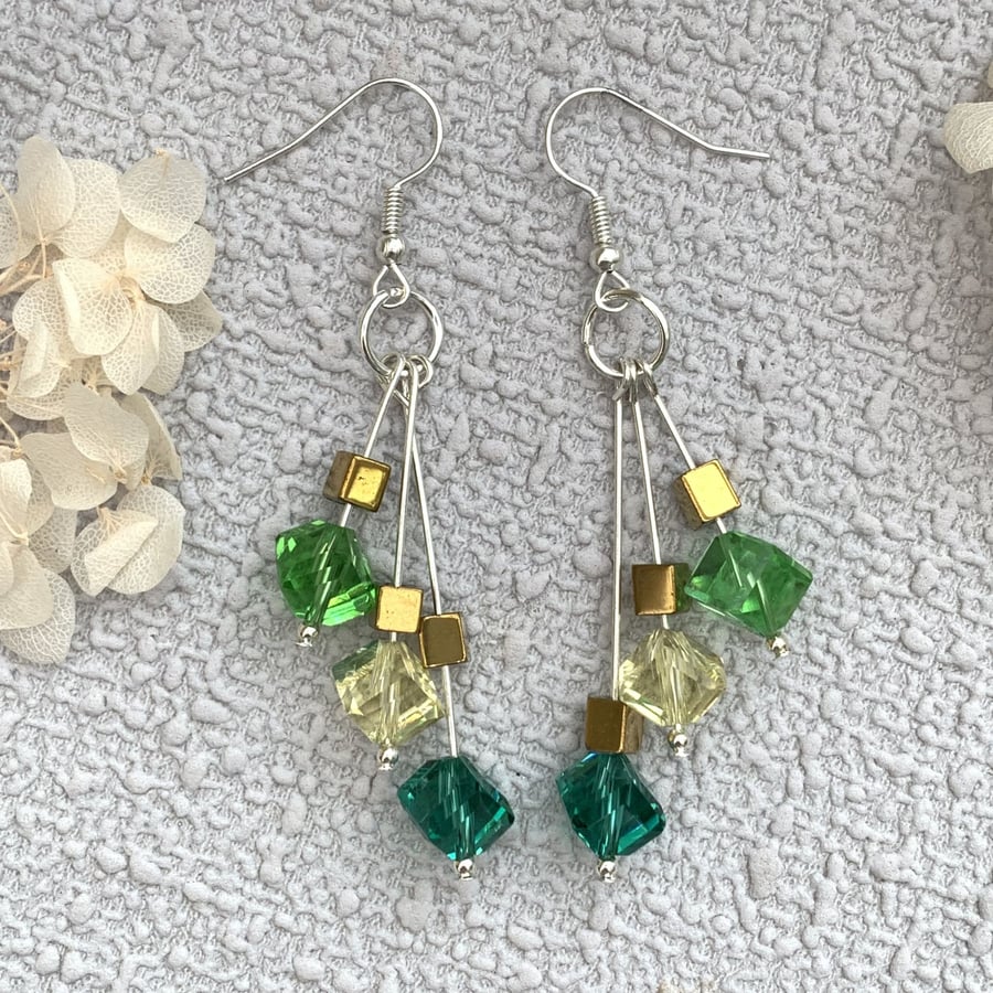 Green Cube Glass and Hematite Boho Drop Earrings