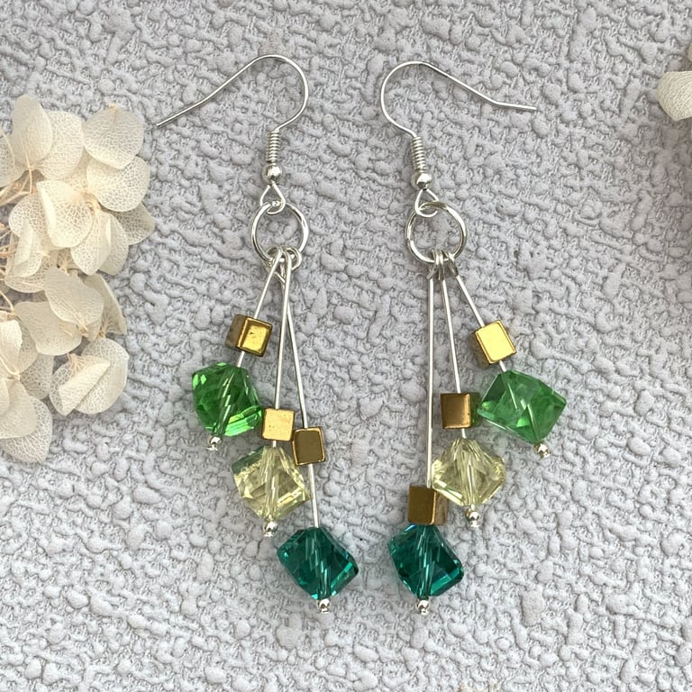 Green Cube Glass and Hematite Boho Drop Earrings