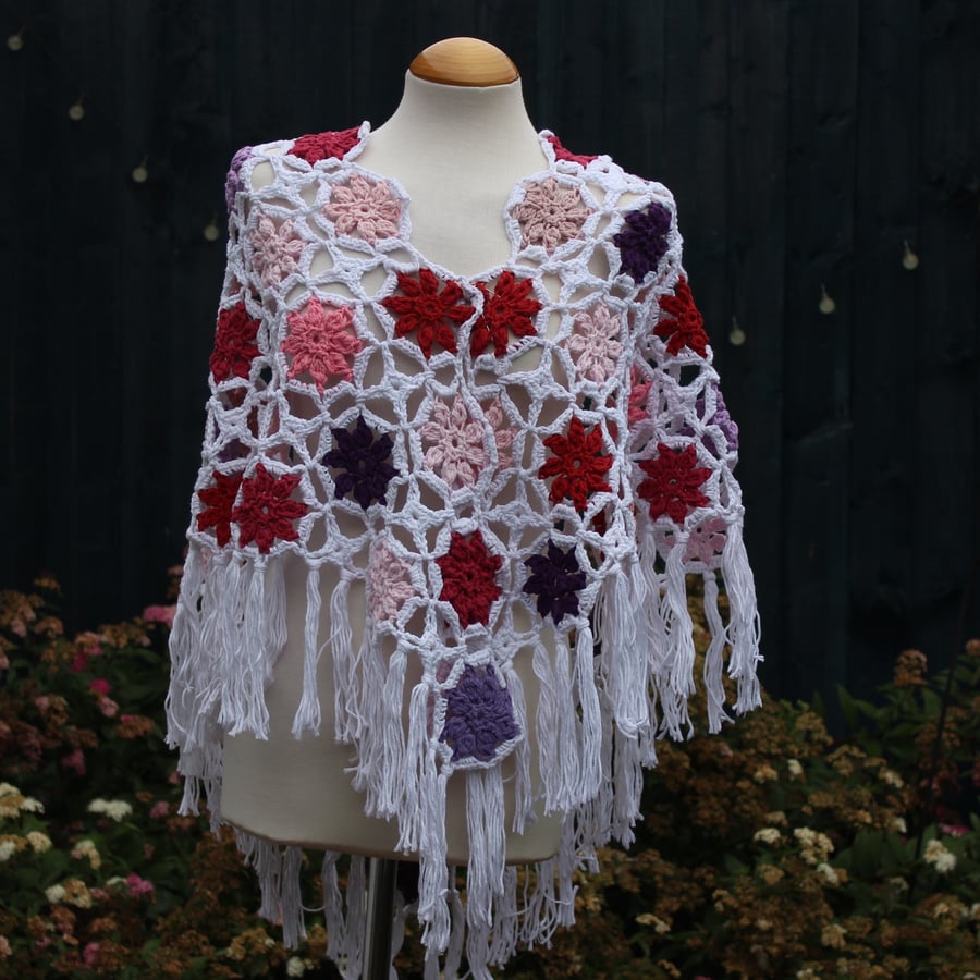 White and Pink colours aran weight cotton crochet shawl - design A447