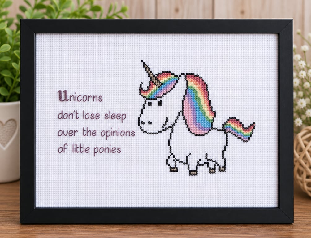 Unicorns Don't Lose Sleep – Handmade Unicorn Cross Stitch – Black Frame 8x10