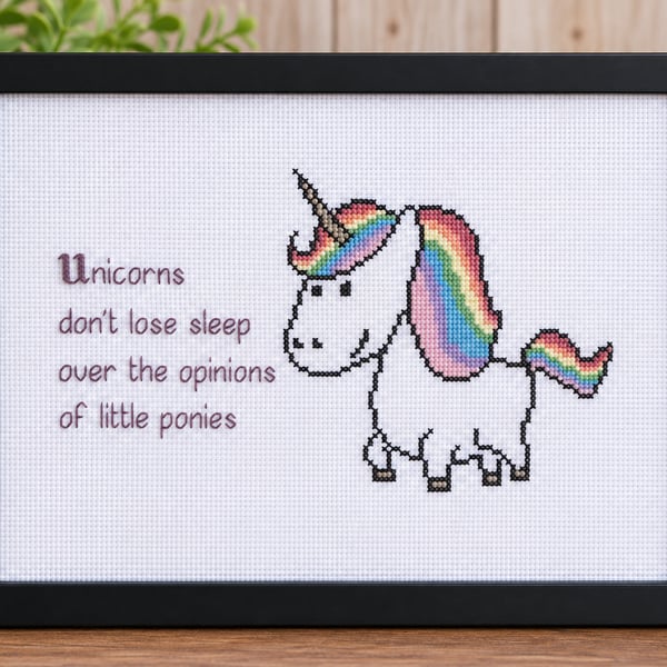 Unicorns Don't Lose Sleep – Handmade Unicorn Cross Stitch – Black Frame 8x10