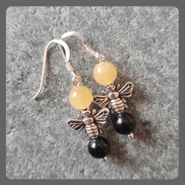 Ambronite and Onyx Bee Earrings
