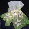 Silk chiffon scarf, nuno felted, green with flower detail