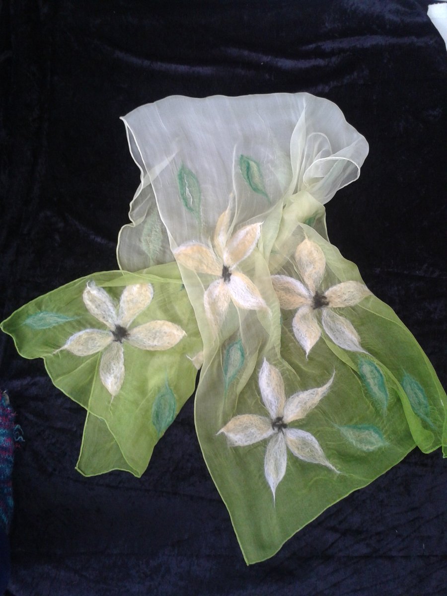 Silk chiffon scarf, nuno felted, green with flower detail