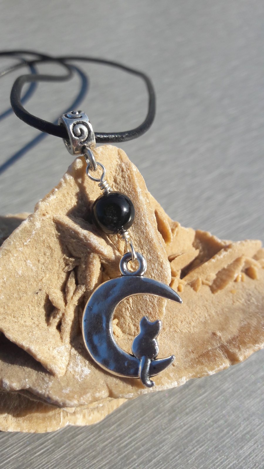 Cat in the Moon and Black Agate Pendant on Leather Cord Necklace