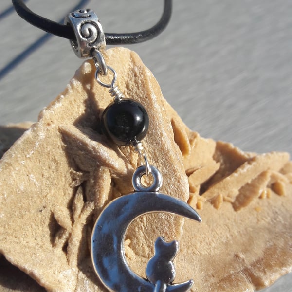 Cat in the Moon and Black Agate Pendant on Leather Cord Necklace