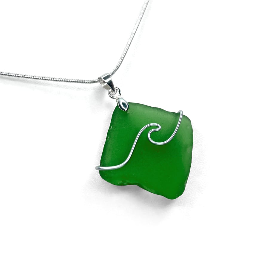 Sea Glass Pendant - Green Beach Glass - Silver Handmade Wave Necklace Jewellery