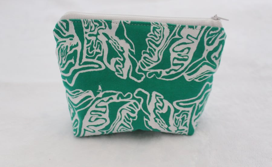 zip up green and white make up bag, abstract print, Eco bag,pouch,pencil case