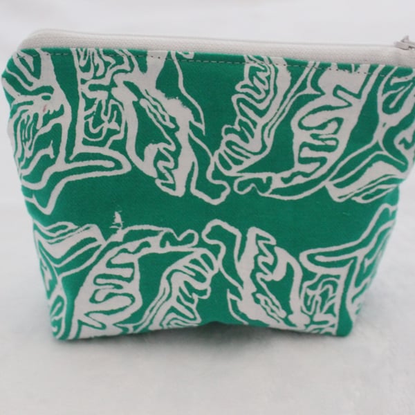 zip up green and white make up bag, abstract print, Eco bag,pouch,pencil case