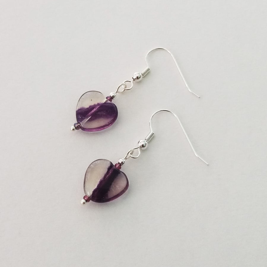 Rainbow Fluorite Heart Earrings - Clear and Purple.