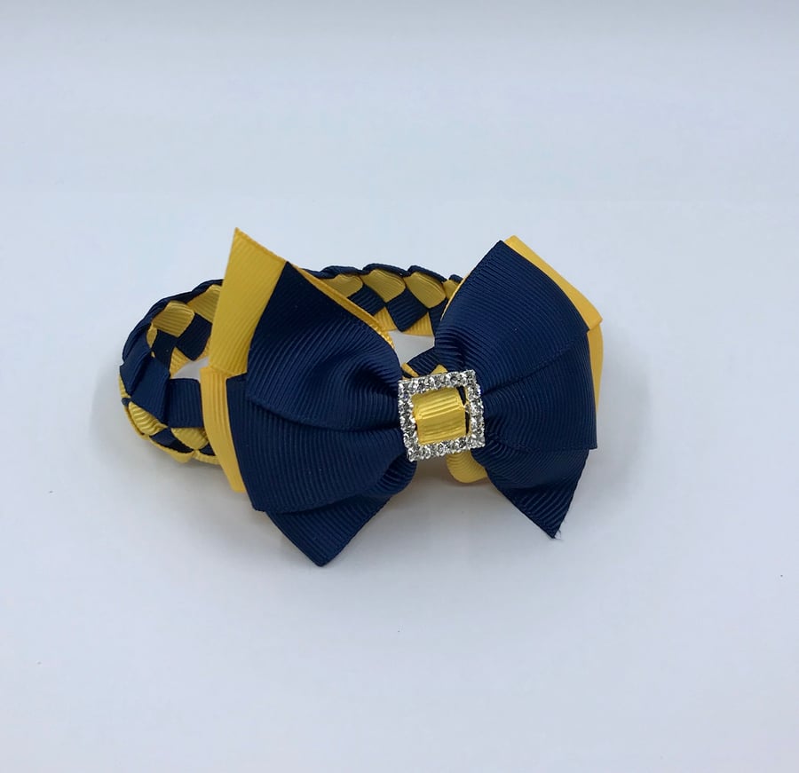 School Navy and Yellow Gold pleated bun wrap